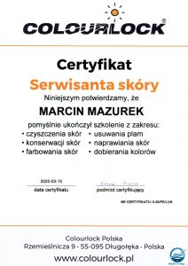 Certyfikat - Marcin Mazurek - serwisant skóry Colourlock